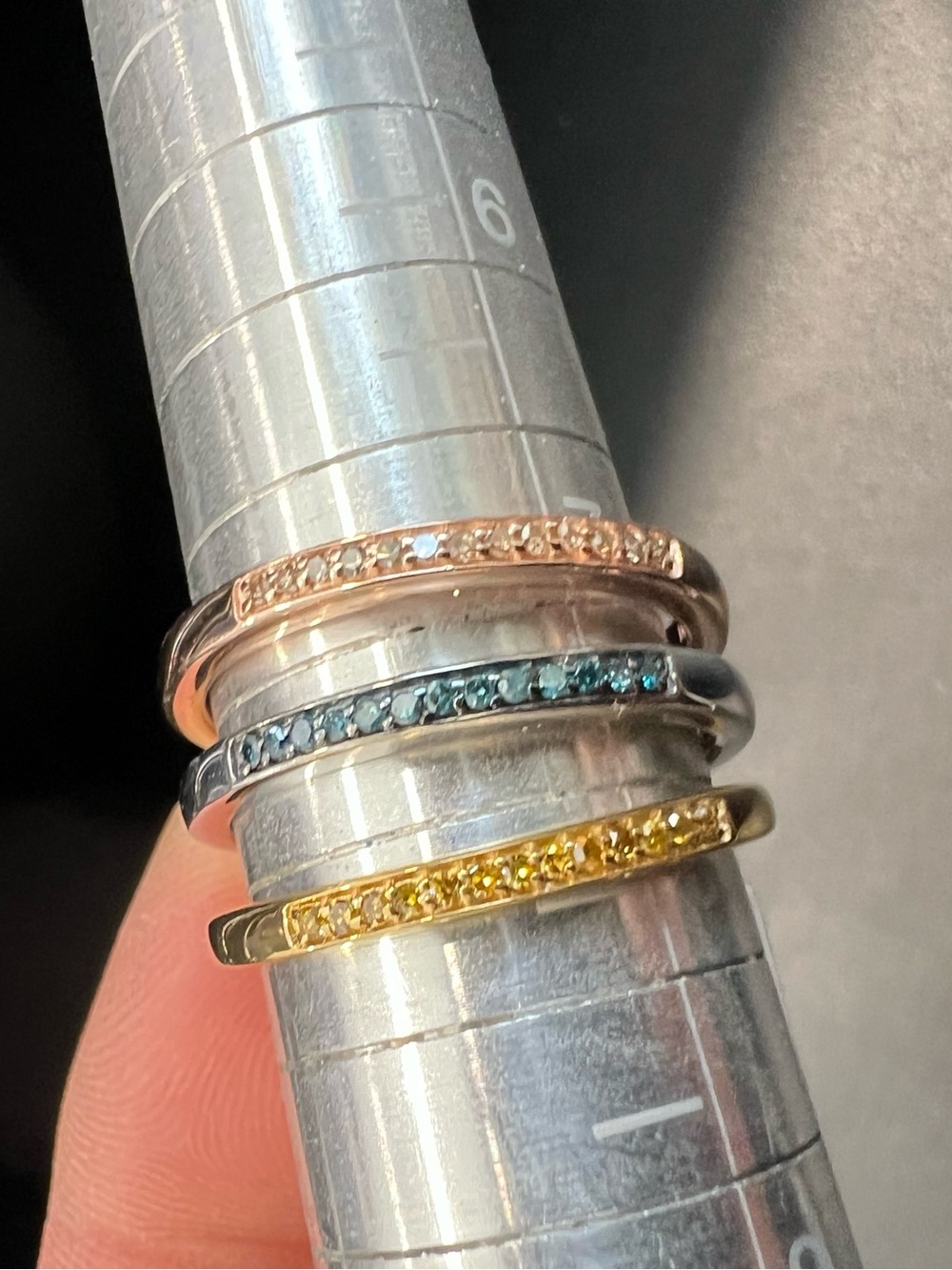 TRI-color .925 Stacking Ring Set with Natural White, Blue, and Yellow Diamonds. - Picture 2 of 6